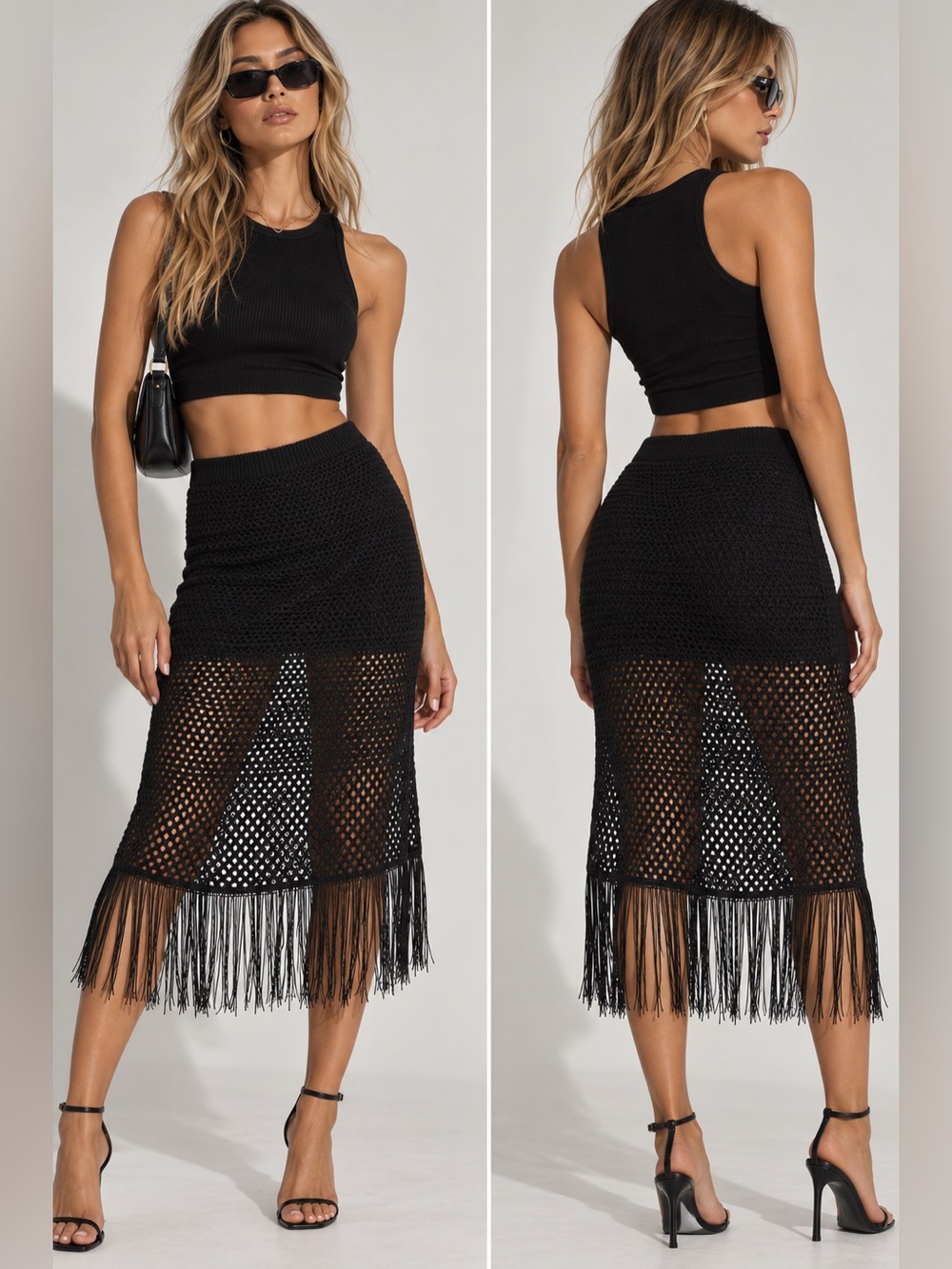 House of Harlow 1960 Black Crochet Fringe Midi Skirt